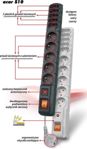 Listwa zasilająca antyprzepięciowa przedłużacz ACAR S10 3M CZARNA FILTR1