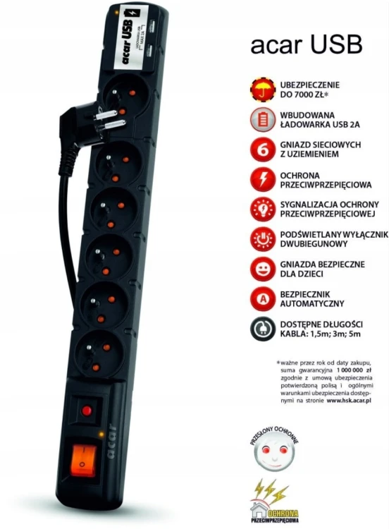 Listwa zasilająca przedłużacz ACAR USB 3M CZARNA