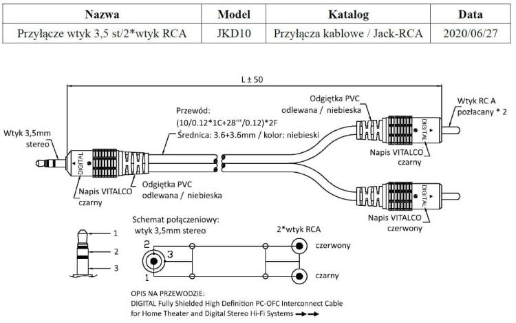 Kabel przewód mini JACK 3,5/2RCA 30M JKD10 DIGITAL VITALCO