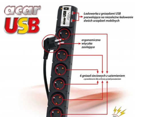 Listwa zasilająca przedłużacz ACAR USB 1,5M CZARNA FILTR1