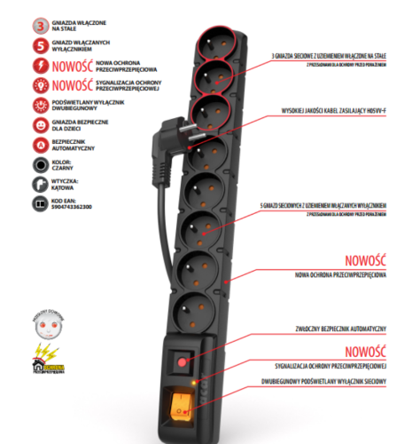 Listwa zasilająca 5M czarna Acar S8 Dual przedłużacz