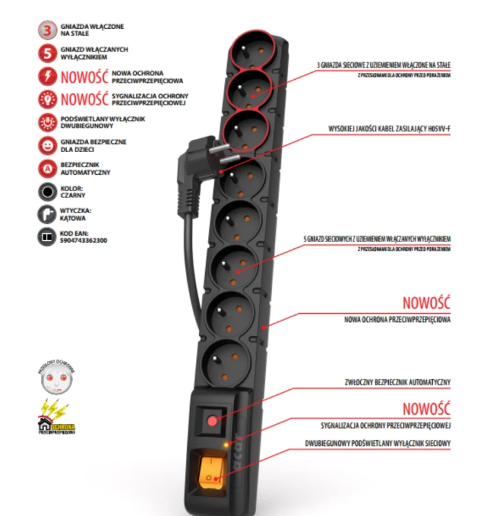 Listwa zasilająca 5M czarna Acar S8 Dual przedłużacz