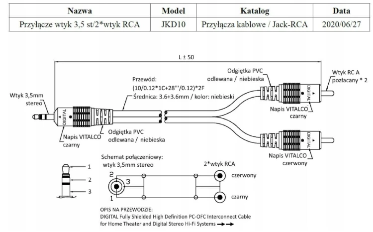 Przyłącze JKD10 wtyk 3,5 2*wtyk RCA digital 20m Vitalco JACK 2RCA CINCH